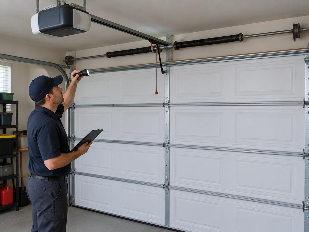 Technician inspecting a garage door that won't open in Cornelius, NC